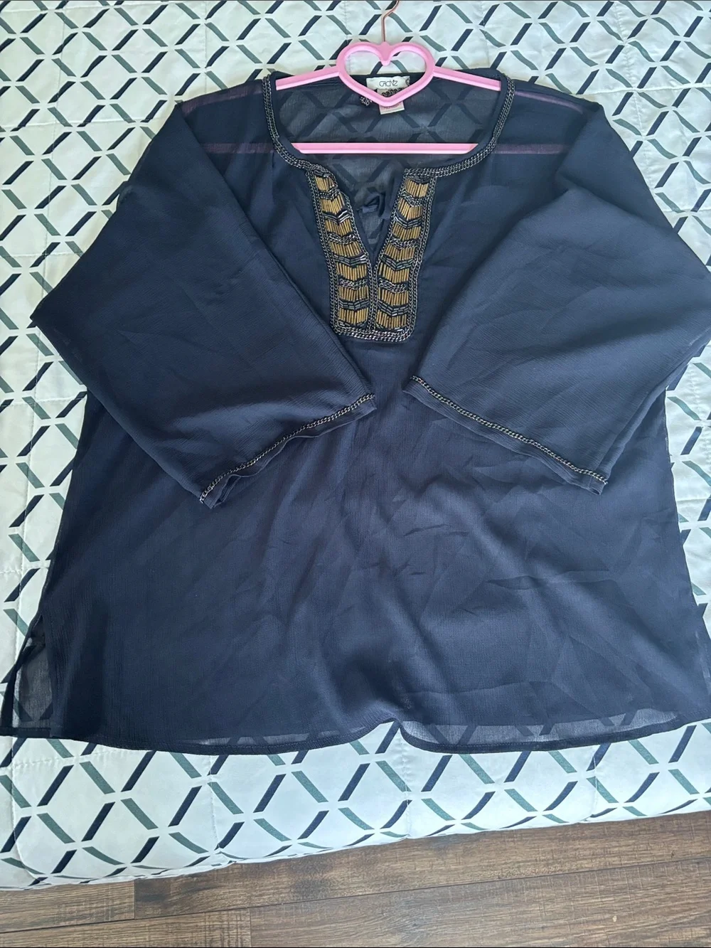 Cache Navy blue Sheer Tunic with Gold Embellished V-Neck